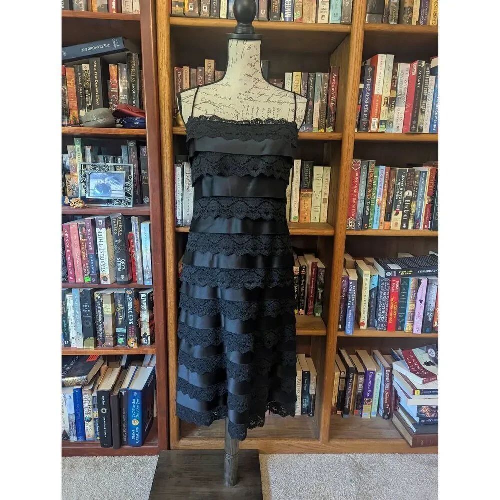 Vintage Tadashi Women's Size 10 Black Tiered Lace Detail Evening Gown Midi Dress